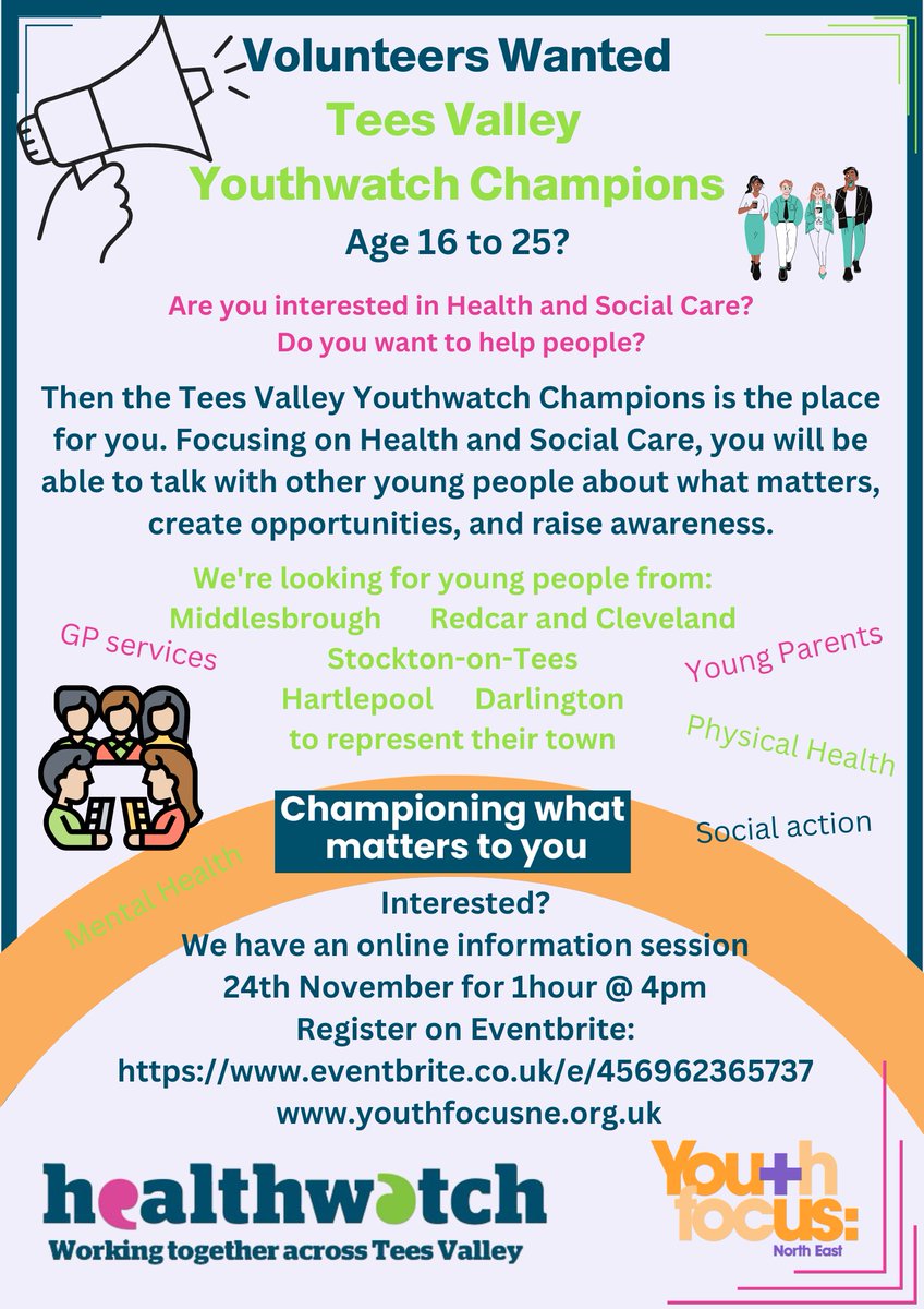 YouthFocusNE's tweet image. Tees Valley Youthwatch Champions Needed!

Aged 16 - 25? Interested?
Information event online, 4pm, Thursday 24th November.

Register on Eventbrite - eventbrite.co.uk/e/456962365737