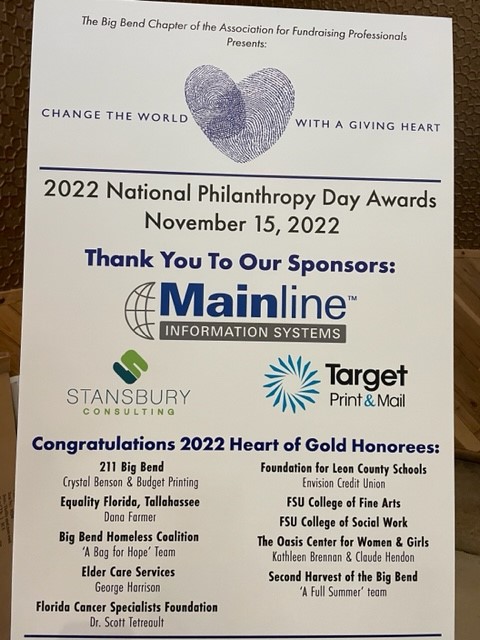 So proud to help sponsor @AFPBigBend's #NationalPhilanthropyDay celebration to honor AMAZING people who #give with a #generous heart!  @TLHBeerSociety @TargetPrintMail @WTXLFirstToKnow @211BigBend  @equalityfl @BigBendHC @ElderCareBB @FSUFineArts @SecondHarvestBB #nonprofits