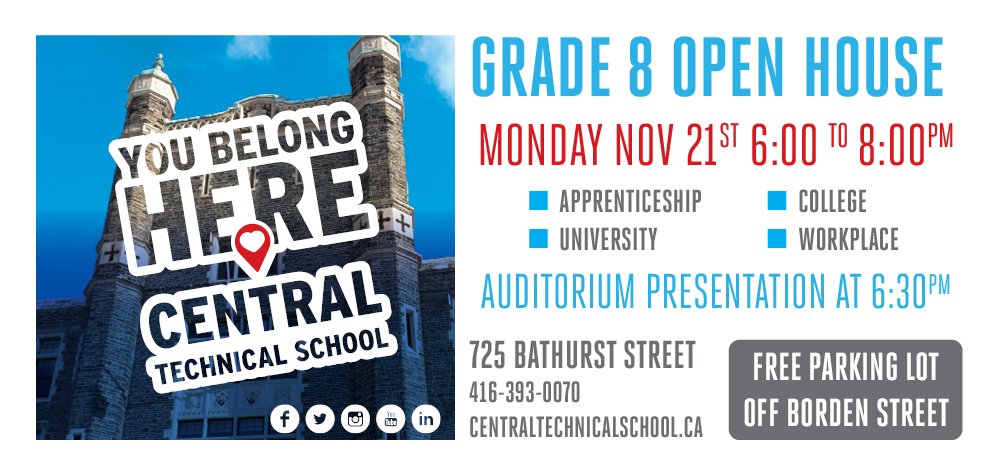 Central Technical School (@centraltech) on Twitter photo Attention <a href="/tdsb/">Toronto District School Board</a> Grade 8 students and parents. Come see why <a href="/CentralTech/">Central Technical School</a> is the obvious choice for your student's #brightestfuture!
➡ November 21st, 6:00-8:00pm ➡ Auditorium presentation at 6:30 ➡ Free parking lot off Borden Street Attention <a href="/tdsb/">Toronto District School Board</a> Grade 8 students and parents. Come see why <a href="/CentralTech/">Central Technical School</a> is the obvious choice for your student's #brightestfuture!
➡ November 21st, 6:00-8:00pm ➡ Auditorium presentation at 6:30 ➡ Free parking lot off Borden Street