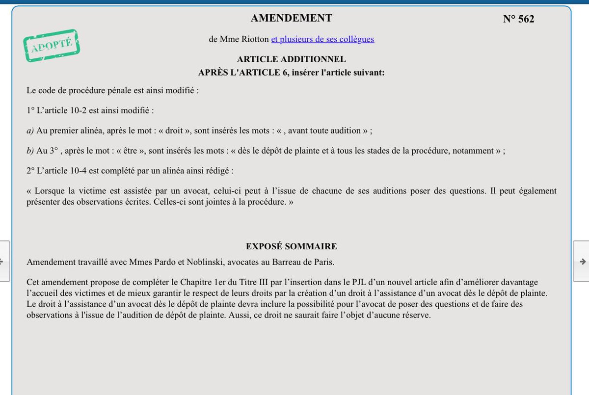 Victoire ! 

Après un an de combat, le droit à l’assistance d’un avocat dès le dépôt de plainte est voté à l’Assemblée nationale ✊

Merci aux députés <a href="/V_Riotton/">Véronique Riotton</a> @G_GouffierCha <a href="/ludovicMDS/">Ludovic MENDES</a> <a href="/CarolineYADAN/">Caroline Yadan</a> et au gouvernement pour leur engagement en faveur de cet amendement.