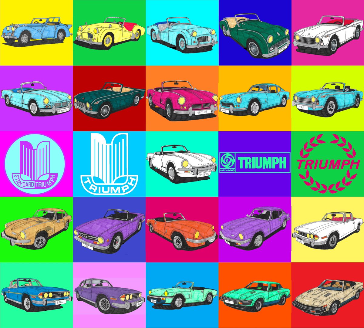 Hi all, created another piece of Pop Art, Triumph Sports Cars 1945-1980. What you think?😊#triumphcars #triumphroadster #triumphtr2 #triumphtr3 #triumphtr3a #triumphtr4 #triumphtr4a #triumphtr5 #triumphtr6 #triumphtr7 #triumphtr8 #triumphspitfire #triumphgt6 #triumphstag