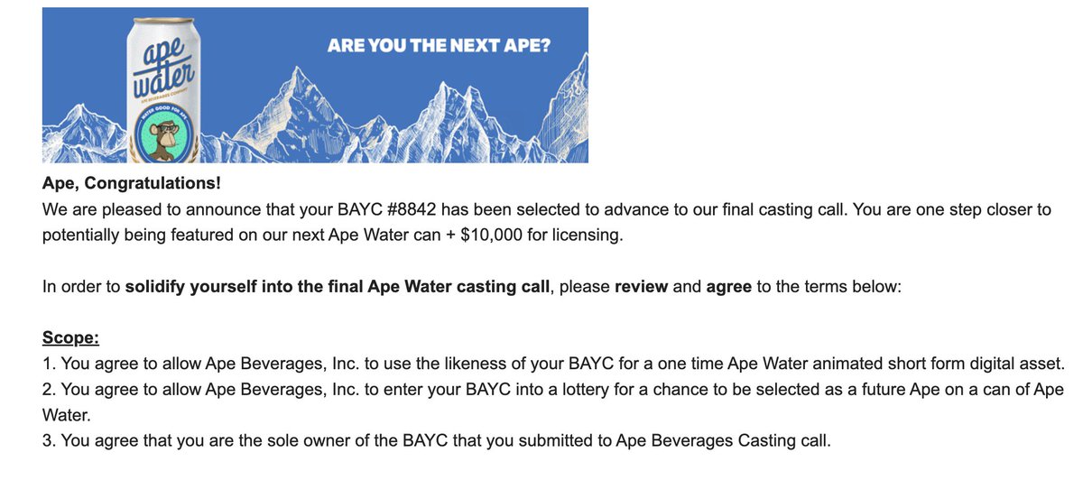 NFTGOATS's tweet photo. 🔥 Excited to be in the finals for the Ape Water Casting Call! @ApeBeverages X @BoredApeYC #8842 🦍💧

#BAYC #ApeWater #ApeBeverages #StayHydrated https://t.co/15NIoEXP1A