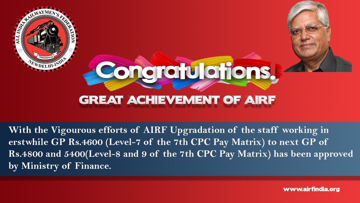 GREAT VICTORY OF AIRF – UPGRADATION OF STAFF WORKING IN GP RS. 4600 HAS BEEN APPROVED BY MINISTRY OF FINANCE
airfindia.org/2022/11/16/gre…