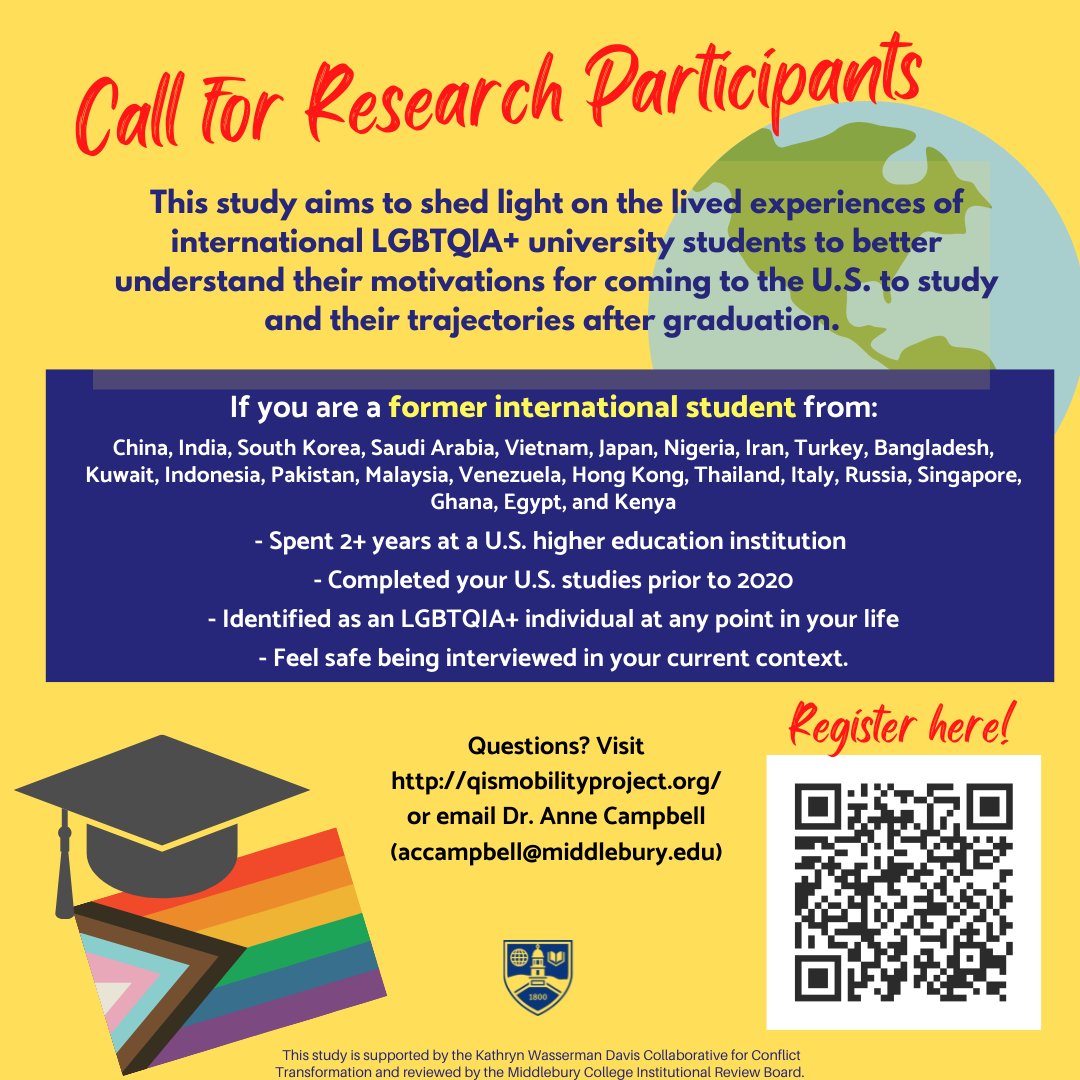 iowanne's tweet image. Did you study in 🇺🇸? Do you identify as #queer 🏳️‍🌈⚧️? I'm starting a new research project - w/ @MIIS @Middlebury research assistants - on #LGBTQIA #international students. Selection criteria and registration link in ad &amp;amp; at middlebury.qualtrics.com/jfe/form/SV_5c… Please share 🔁 🙏🏼