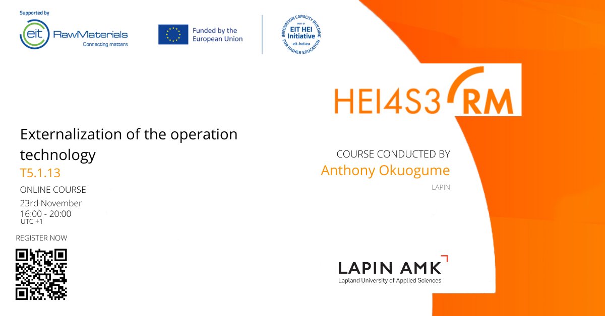 mskowalczyk's tweet image. I invite to #webinar "Externalization of the #operationtechnology by Anthony Okuogume @LapinAMK as part of #HEI4S3RM project from @EITeu @EITRawMaterials to start #Innovations of #highereducation #ecosystem with @uniovi_info @Cepsa @UniHuelva  @thgabochum @Atlantic_Copper @Cepsa