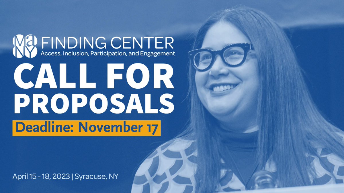 Conference session proposals are due tomorrow Nov. 17! Join us as a speaker in Syracuse next April as we explore Access, Inclusion, Participation, and Engagement as pathways to finding center for our institutions and our audiences. #MANY2023 #NYSmuseums buff.ly/3SQSl61