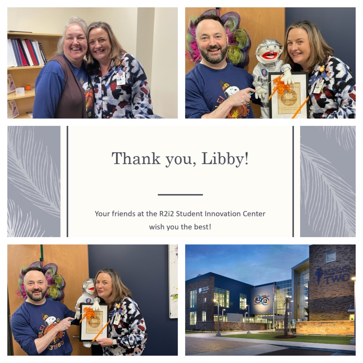 Goodbyes can be sad so we brought the smile inducing Spacey along to bid adieu to <a href="/RichlandTwo/">Richland School District Two</a> 's own #premier Chief Comms Officer, Libby Roof.  Good luck to you on your next steps and thank you for all you've done to help R2i2! <a href="/Sabrina_suber/">Dr. Sabrina Suber</a> <a href="/DrBaronDavis/">Baron R. Davis, PhD</a> <a href="/EDRoof/">Libby Roof</a> <a href="/MariaFOwens/">Maria Owens</a>