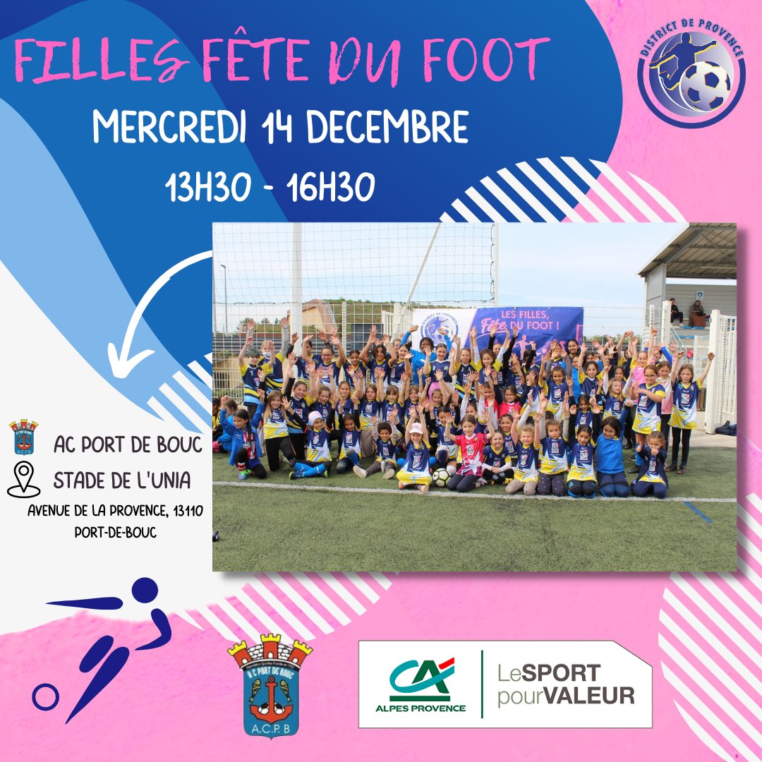 👉Le District de Provence lance la 16ème édition de FILLES FÊTE DU FOOT en partenariat avec le <a href="/CreditAgricole/">Crédit Agricole</a>  et l'accueil de l'AC Port de Bouc⚽

Le mercredi 14 Décembre 2022 de 13h30 à 16h30

➡ Lien d'Inscription : forms.gle/mqGsCYiUJFyvLQ…