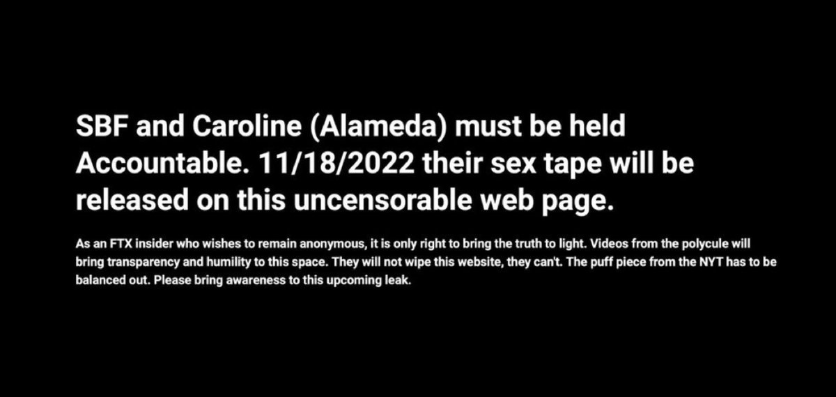 🚨 BREAKING 🚨

SOMEONE IS ABOUT TO LEAK A SEX TAPE OF SAM FTX AND CAROLINE ALAMEDA THIS COMING FRIDAY. GET READY