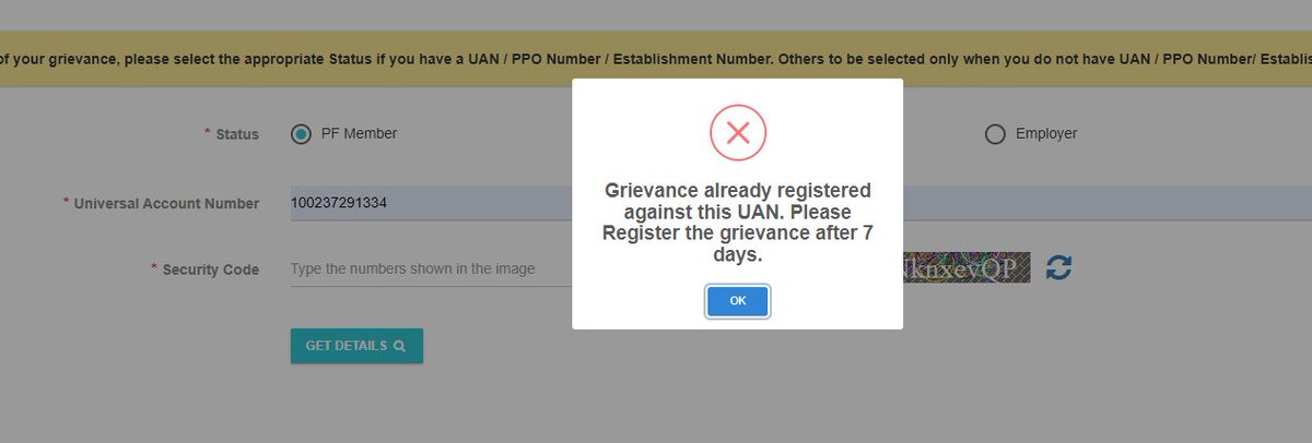 MLangay's tweet photo. @socialepfo, I have submitted my PF claim form 19 on the 01st of Nov and to date, it is not settled, I raised a grievance but no reference no is generated and now when I try to raise the grievance again, it is showing that I can raise the grievance after 7 days only https://t.co/JS1Hh5PROU