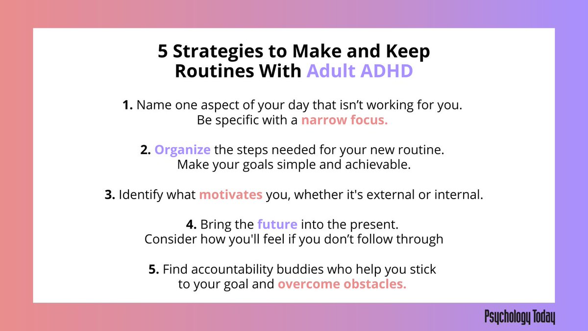 PsychToday's tweet photo. "Many adults with ADHD struggle with structure, following rules, and creating new routines." These suggestions from @DrSharonSaline can help. https://t.co/R2kio1xhvY https://t.co/HlSwfgqULm