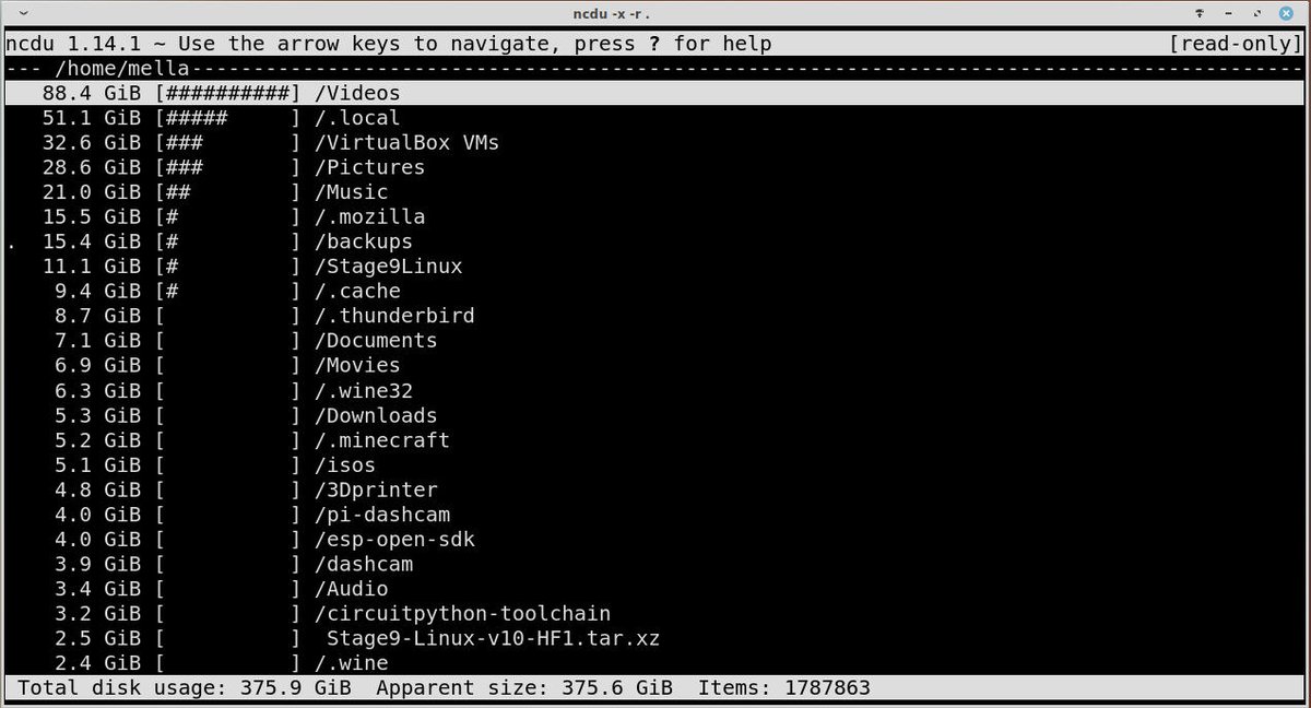 Find those big files!
ncdu is TUI program to generate and view usage statistics for disk space from the current directory and below. Use -x to avoid crossing filesystem boundaries and disable file modification with -r. ionice will give ncdu less I/O priority.
ionice ncdu -x -r