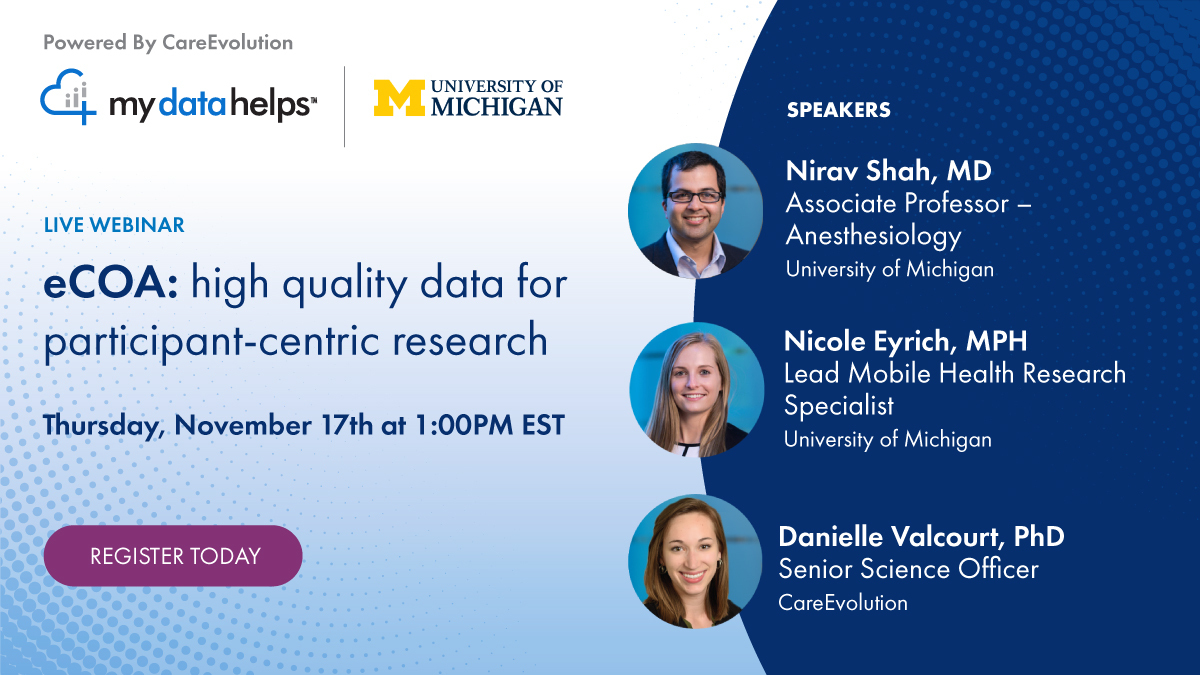 MyDataHelps (@mydatahelps) on Twitter photo LAST CHANCE: Join experts from <a href="/careevolution/">CareEvolution</a> and <a href="/UMich/">University of Michigan</a> tomorrow at 1:00pm ET to learn about the benefits of collecting clinical outcome assessments, including participant-reported outcomes, through digital #clinicalresearch technology.
Register now: hubs.la/Q01rnhWR0 LAST CHANCE: Join experts from <a href="/careevolution/">CareEvolution</a> and <a href="/UMich/">University of Michigan</a> tomorrow at 1:00pm ET to learn about the benefits of collecting clinical outcome assessments, including participant-reported outcomes, through digital #clinicalresearch technology.
Register now: hubs.la/Q01rnhWR0