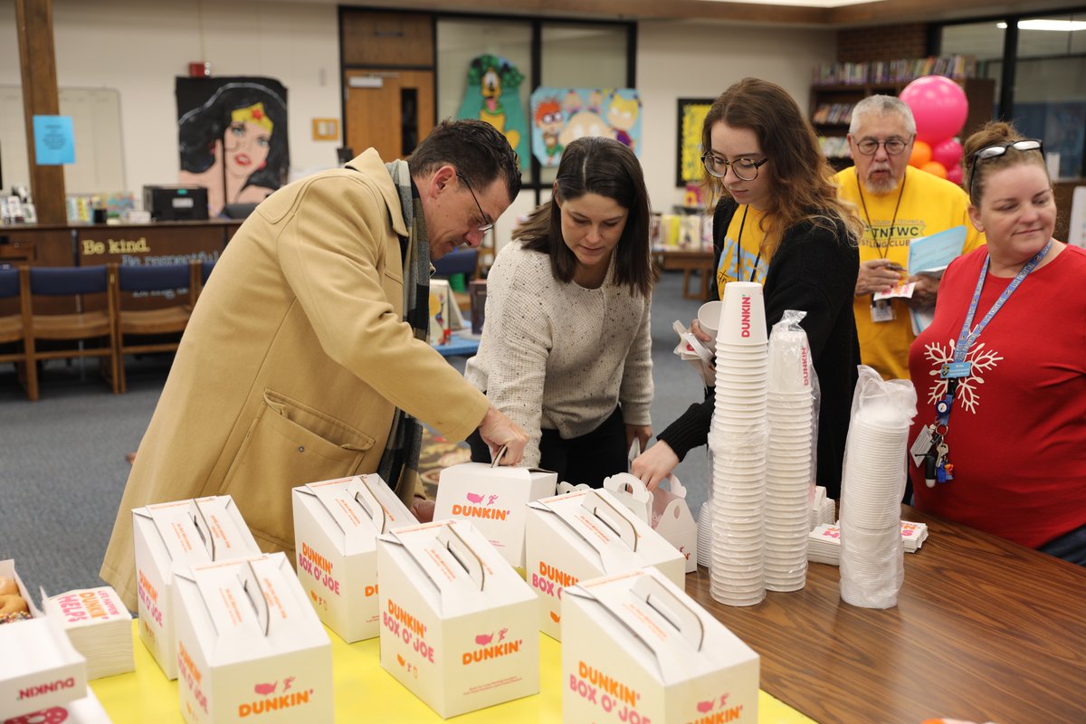 PutnamCityOK's tweet photo. Dunkin Donuts of Oklahoma celebrated their “Raise A Cup to Teachers” Sweepstakes winner, Corinne Beasler of PCW today! Dunkin provided teachers and staff with donuts and coffee in honor of Mrs. Beasler. She also won free coffee for a year! Thank you, Dunkin and Mrs. Beasler! 🍩☕️ https://t.co/1NzG7tkMFz