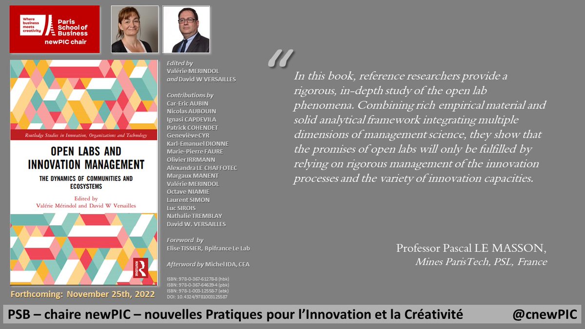 Grateful to have received this endorsement from Pascal Le Masson (<a href="/Mines_Paris/">Mines Paris - PSL</a>) for our book on Open labs and Innovation management (Routledge, 2023), available soon. Contributions by scholars from <a href="/cnewpic/">newPIC</a> at <a href="/Psbeduparis/">Paris School of Business</a> and <a href="/MosaicHEC/">HEC Mosaic</a> at HEC Montréal 
books.newpic.fr