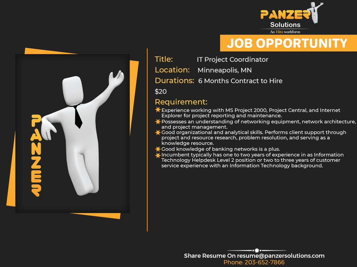 panzersolution's tweet image. Job Title: IT Project Coordinator
Location: Minneapolis, MN
Duration: 6 Months Contract to Hire
$20
Share resumes at resume@panzersolutions.com
Or for more job requirements click on the below link
Click Here: panzersolutions.com/jobopportunuti…
#PanzerSolutions #ITprojectcoordinator #job
