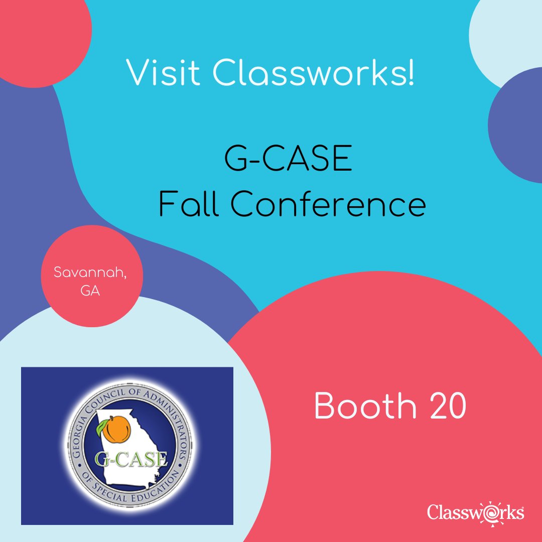 ClassworksWeb's tweet photo. Classworks is honored to be in Savannah, GA for the G-CASE Fall Conference! We'd love to show you at booth 20 why districts love our solution to create meaningful IEP goals that are easily tracked and documented (oh, and did we mention the giveaway!) #Classworks #GCASE2022 https://t.co/9SVF2v09fJ