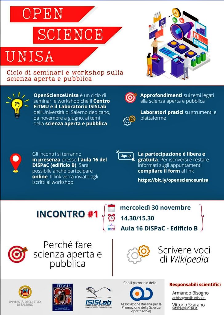 #openscience ⚙️
Finalmente un ciclo di seminari e workshop dedicato a #scienzaAperta e #scienzaPubblica! 💡
Si può partecipare online e in presenza <a href="/UniSalerno/">Università Salerno</a> (con il patrocinio di <a href="/Aisa_OA/">@aisa@poliversity.it</a>). 🎯
Gli incontri sono aperti a chiunque, basta registrarsi qui: bit.ly/openscienceuni…