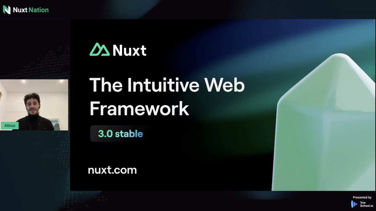 NuxtNation's tweet photo. And the word is out 🥳 

The @nuxt_js 3 stable release is announced LIVE by @Atinux on the Nuxt Nation virtual stage!

Congratulations to the Nuxt team on this exciting release 🎉 👏 

Join us live: https://t.co/k83bYJg3gK https://t.co/OZEne1ZfYZ