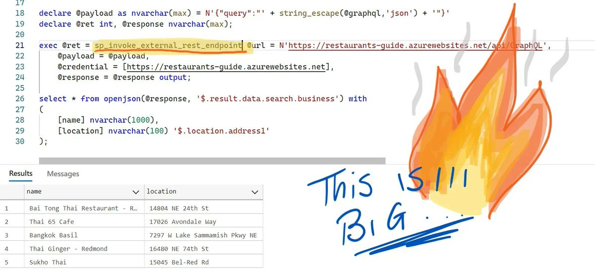 🔥 🔥 🔥 Ok, if yesterday's post about #AzureSQL made you happy, sit down *now*. Today we're announcing the ability to call *any* REST service from #AzureSQL! 🚀  Call <a href="/AzureFunctions/">Azure Functions</a>, <a href="/PowerBI/">Microsoft PowerBI</a>, #EventHub,  and more: buff.ly/3AjY79i Can you imagine the possibilities? 😮