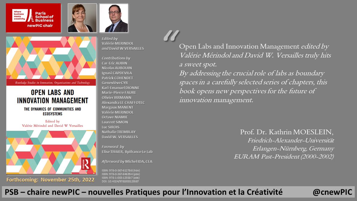 Grateful and pleased to have received this endorsement from <a href="/moeslein/">Kathrin Moeslein</a> (<a href="/UniFAU/">FAU Erlangen-Nbg</a>) for our book on Open labs and Innovation management (Routledge, 2023). Contributions by scholars from <a href="/cnewpic/">newPIC</a> at <a href="/Psbeduparis/">Paris School of Business</a> and <a href="/MosaicHEC/">HEC Mosaic</a> at HEC Montréal 
books.newpic.fr