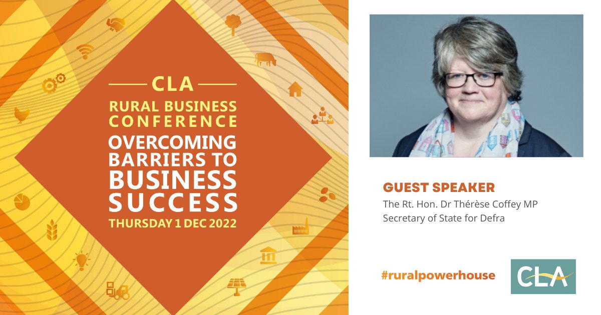 Dr Thérèse Coffey MP, newly-appointed Secretary of State for Defra, is expected to make a number of announcements regarding the future of the ELM schemes at the CLA Rural Business Conference on 1 December. Book your tickets here👉bit.ly/3OVHt4S 
#ruralpowerhouse #RBC2022