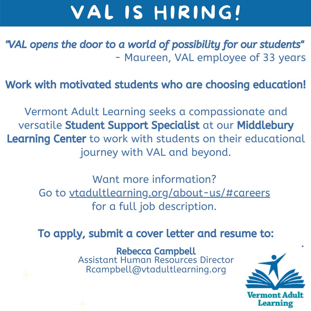 VTAdultLearning's tweet image. Are you looking for a rewarding position working with adult learners? We have a Student Support Specialist position available at our Middlebury Learning Center. Visit vtadultlearning.org/about-us/#care… to learn more! #JobsInVT #Hiring #AdultEd