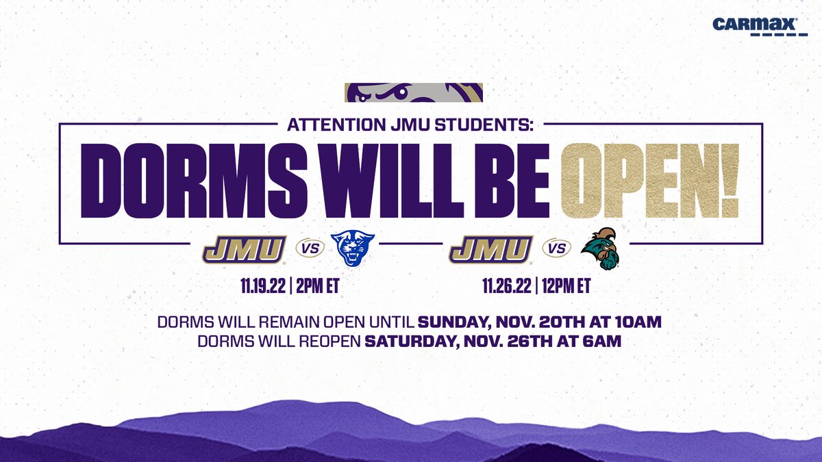 🚨 STUDENTS 🚨 Dorms will remain open through Sunday, Nov. 20 at 10am and will now reopen at 6am on Saturday, Nov. 26. Getting picked up or dropped off by family? Bring them along - purchase a @JMUFootball student guest ticket! 🎟 | bit.ly/3dlkzUD #GoDukes