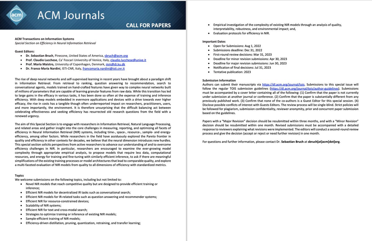 ATTENTION👏
ACM Transactions on Information Systems（TOIS）
Special Section on Efficiency in Neural Information Retrieval CFP🙌
