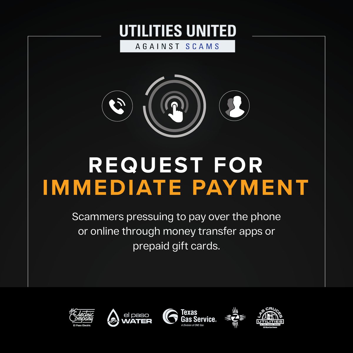 ElPasoElectric's tweet photo. #EPElectric, @EPWater, @TexasGasService, Las Cruces Utilities & Zia Natural Gas have teamed up to raise awareness and educate customers about scams #UtilityScamAwarenessDay.
All scams have certain signs in common. Be suspicious if you ever spot any of these warning signs!⚠️#UUAS https://t.co/n4PtFnTduW