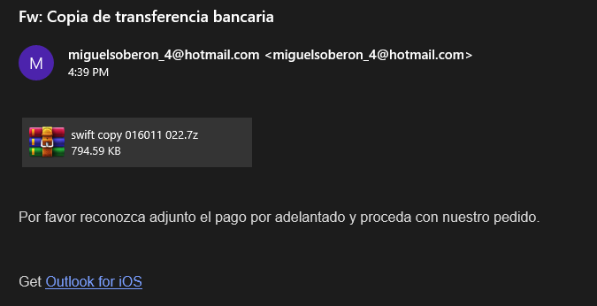 'Fw: Copia de transferencia bancaria'

malspam campaign distributing .7z archive that contains inside of it .NET loader which loads #MassLogger malware.

both initial loader and the logger itself can be found here:
bazaar.abuse.ch/browse/tag/Mas…

haven't seen masslogger in a while...