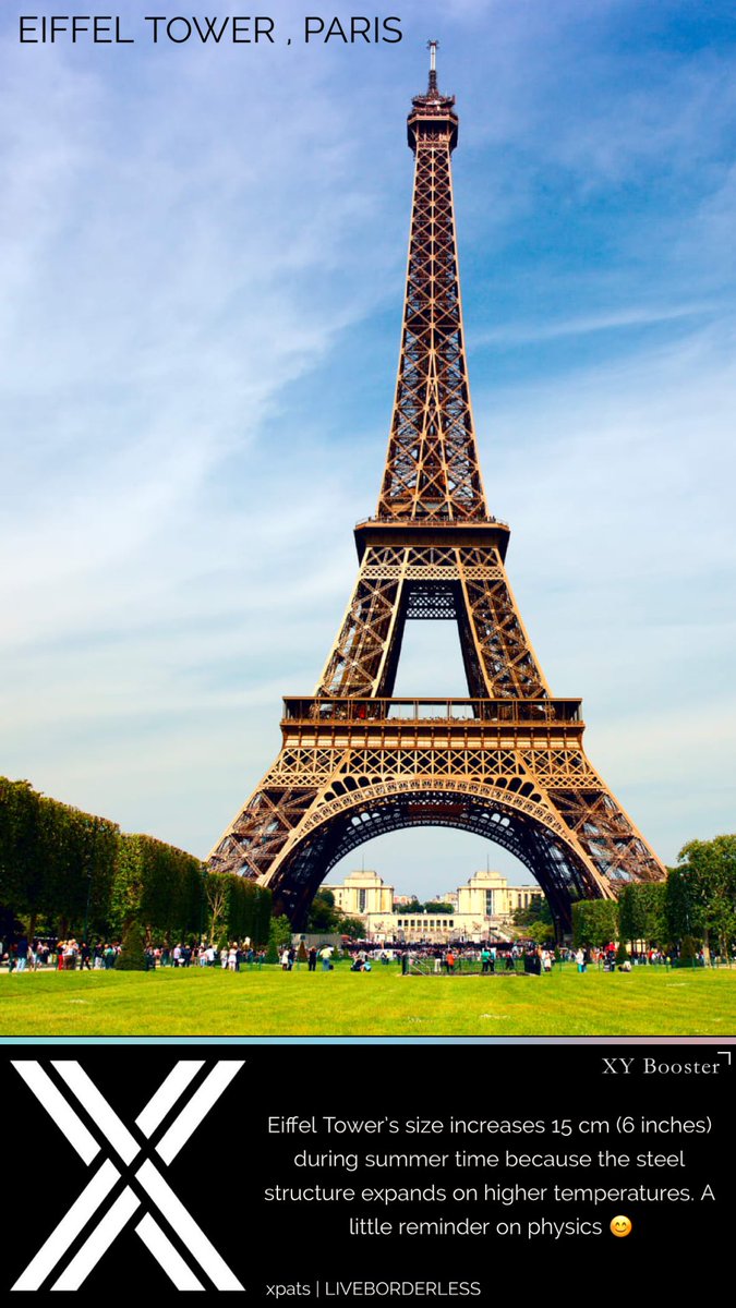 Eiffel Tower’s size increases 15 cm (6 inches) during summer time because the steel structure expands on higher temperatures. A little reminder on physics 😊  #eiffeltower #Paris #summer #Travel