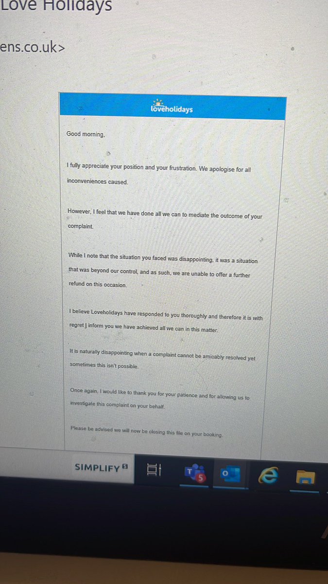 MAV_345's tweet photo. 2/2 they said the situation was completely out of their control and will therefore they are closing the file on our booking and won’t assist any further as per the attachment. https://t.co/KpyQncbNmc