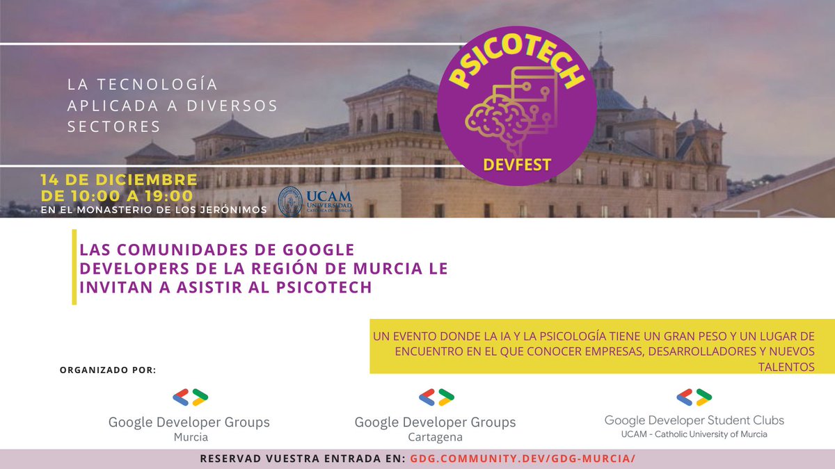 Hemos organizado un gran devfest al que hemos llamado PsicoTech y que realizaremos en la <a href="/UCAM/">UCAM Universidad</a>
¿Qué haremos?
🟨Charlas
🟪Mesas redondas✨
🟨Networking entre empresas, desarrolladores y estudiantes y mucho más

¿A qué esperas?🤘
🎟️gdg.community.dev/events/details…

<a href="/GDGCartagena/">GDG Cartagena</a> <a href="/GDSC_UCAM/">Google Developer Clubs on Campus UCAM</a>