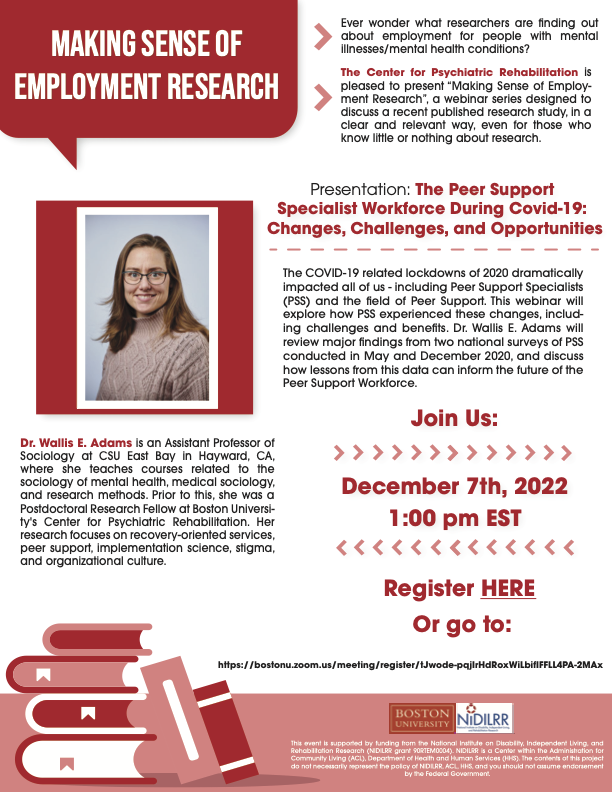 psyrehab's tweet photo. Join us on December 7th at 1:00 PM EST to hear Dr. Wallis E. Adams discuss her findings regarding: “The Peer Support Specialist Workforce During Covid-19: Changes, Challenges, and Opportunities”!

Register here:
https://t.co/mnu1VY6EH8 https://t.co/B8fBNeW2BB