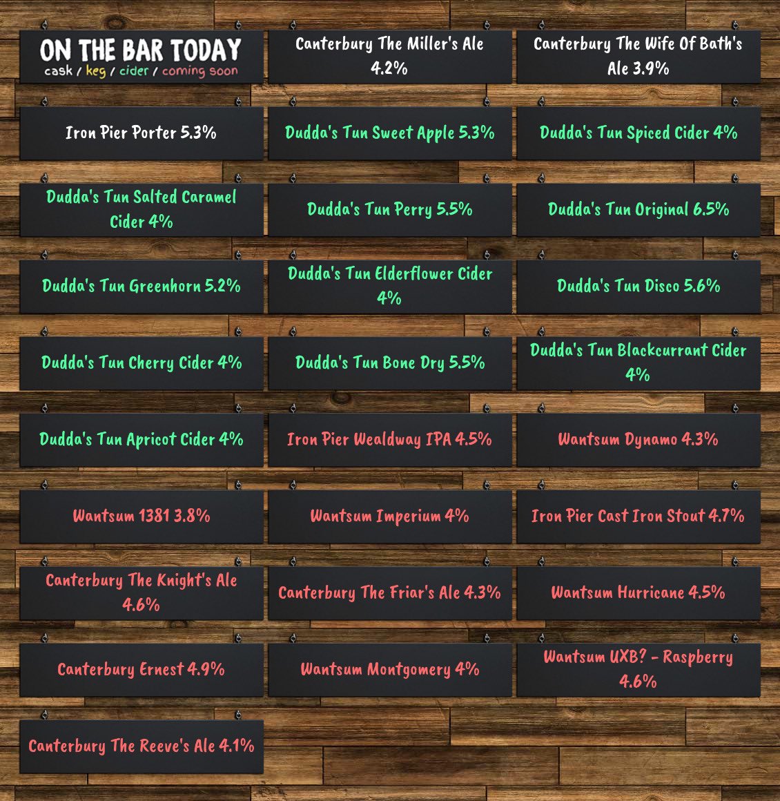 On the bar today!
Beer Board: bit.ly/3dxZzcU
<a href="/CanterburyAles1/">The Canterbury Ales</a>  <a href="/ironpierbeer/">Iron Pier Brewery</a> <a href="/DuddasTunCider/">Dudda's Tun Cider</a> 
#RealAleFinder
