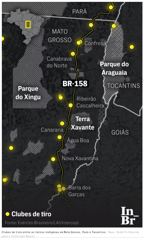 É método, muito bem calculado: Clubes de tiro cercam #indígenas e facilitam agromilícias na Amazônia. No mapa, Clubes de tiro entre as terras indígenas no Mato Grosso, Pará e Tocantins. interc.pt/3hO9TCE por <a href="/castrocaroline/">Carol Castro</a>