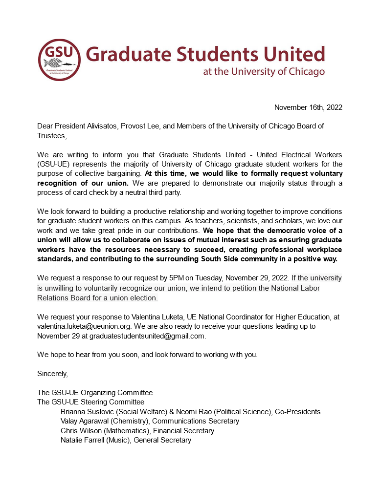 uchicagogsu's tweet photo. We are excited to share that, representing a majority of grad workers, GSU-UE has formally requested voluntary recognition from the University of Chicago. We look forward to a productive bargaining relationship with UChicago on improving our working conditions. https://t.co/9IfRMaTGpD
