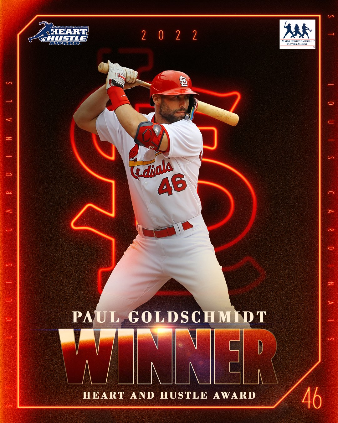 St. Louis Cardinals on X: Paul Goldschmidt has been awarded the 2022  MLBPAA Heart and Hustle Award! The award recognizes a player who best  embodies the values, spirit, and tradition of the