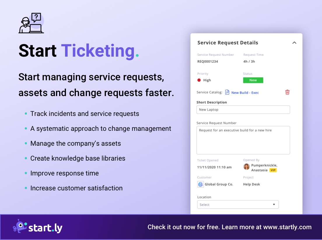 startlysoftware's tweet image. Startly combines Ticketing, Asset Management, Change Management, and Knowledge Base in a single application.
Try Startly today for free! Visit us at startly.com.

#startlyapp #ITSM #ITIL #servicemanagement #changerequests #ticketing #technology #IT #innovative