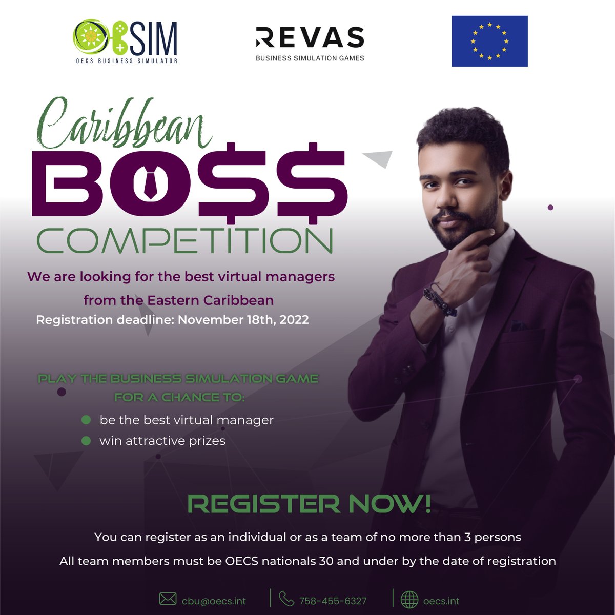 oecscommission's tweet photo. 🚨 Are you a👨🏿‍💼Boss, 👩🏽‍💼Leader or 💼Manager? 

Participate in the OECS 📈 🧠 #BusinessSimulator   to win attractive 🏆Prizes! 

Apply Now👉🏿 https://t.co/2Jq19R8YYY

#OECS #CompetitiveBusinessUnit #OECSSIM  #BusinessCompetition  #competition #contest #giveaway https://t.co/2fBm1GD688