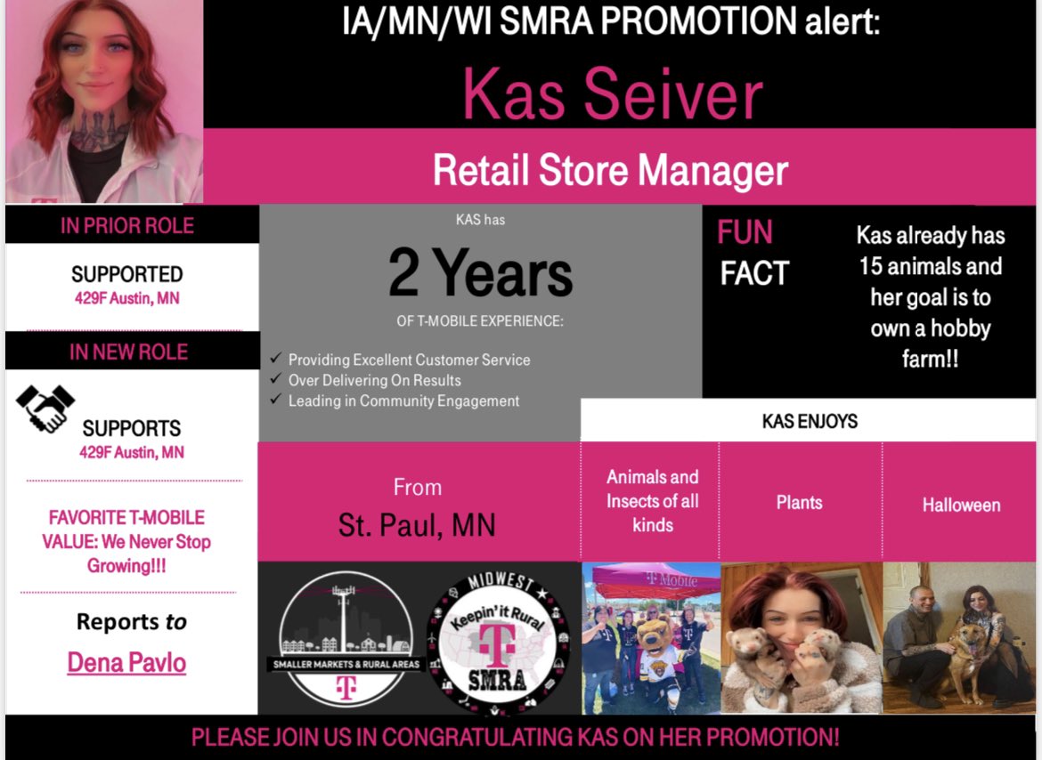 🚨 Promotion alert!! Please help me congratulate <a href="/kasfromtmobile/">Kas Seiver💗</a> on her recent promotion to RSM in Austin MN! She is a great example of living our core values at T-Mobile! I can’t wait to see the continued success she brings to 429F! <a href="/gnugent28/">Gareth Nugent</a> <a href="/JohnLoughren/">John Loughren</a>