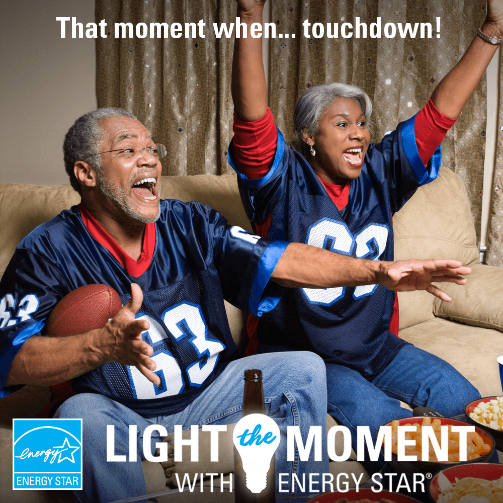 ENERGYSTAR's tweet photo. With ENERGY STAR certified LED bulbs, you won't have to miss a moment of the big game, or any game, for years to come. Now that's a reason to celebrate! #LightTheMoment https://t.co/YnL6qXSGZ8 https://t.co/wS4CnBme8N
