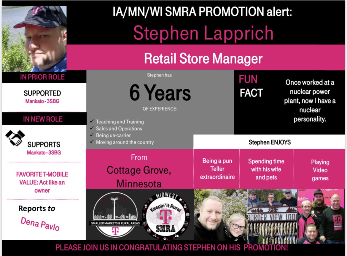 🚨Promotion alert!!! Please help me congratulate <a href="/NEphoneman/">Stephen Lapprich</a> on his promotion to RSM in Mankato MN! Fun fact: Stephen &amp; I were in the same training class in 2016! It’s been great watching his career growth &amp; I’m thrilled to have him leading 3SBG! <a href="/gnugent28/">Gareth Nugent</a> <a href="/JohnLoughren/">John Loughren</a>