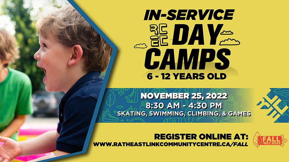 Adventure is just around the corner at the RECC. Sign your child up for our upcoming In-Service Day Camp happening November 25th from 8:30 am to 4:30 pm. 

Activities include skating, climbing, swimming, games and crafts. Sign up at: ratheastlinkcommunitycentre.ca/programs/day-c…