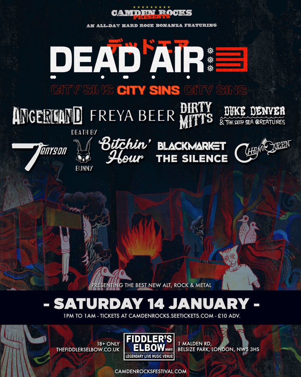 NEW SHOW! 🔊 #CamdenRocks all-day hard-rock bonanza featuring #DeadAir @AngerlandBand @FreyaBeer @TenysonMusic @DeathByBunny3 @Bitchin_Hour &amp; more live at <a href="/FiddlersCamden/">The Fiddlers Elbow</a> on Saturday 14th January 2023.

Tickets &amp; Band Links 🎟 fb.me/e/21VDaztnQ