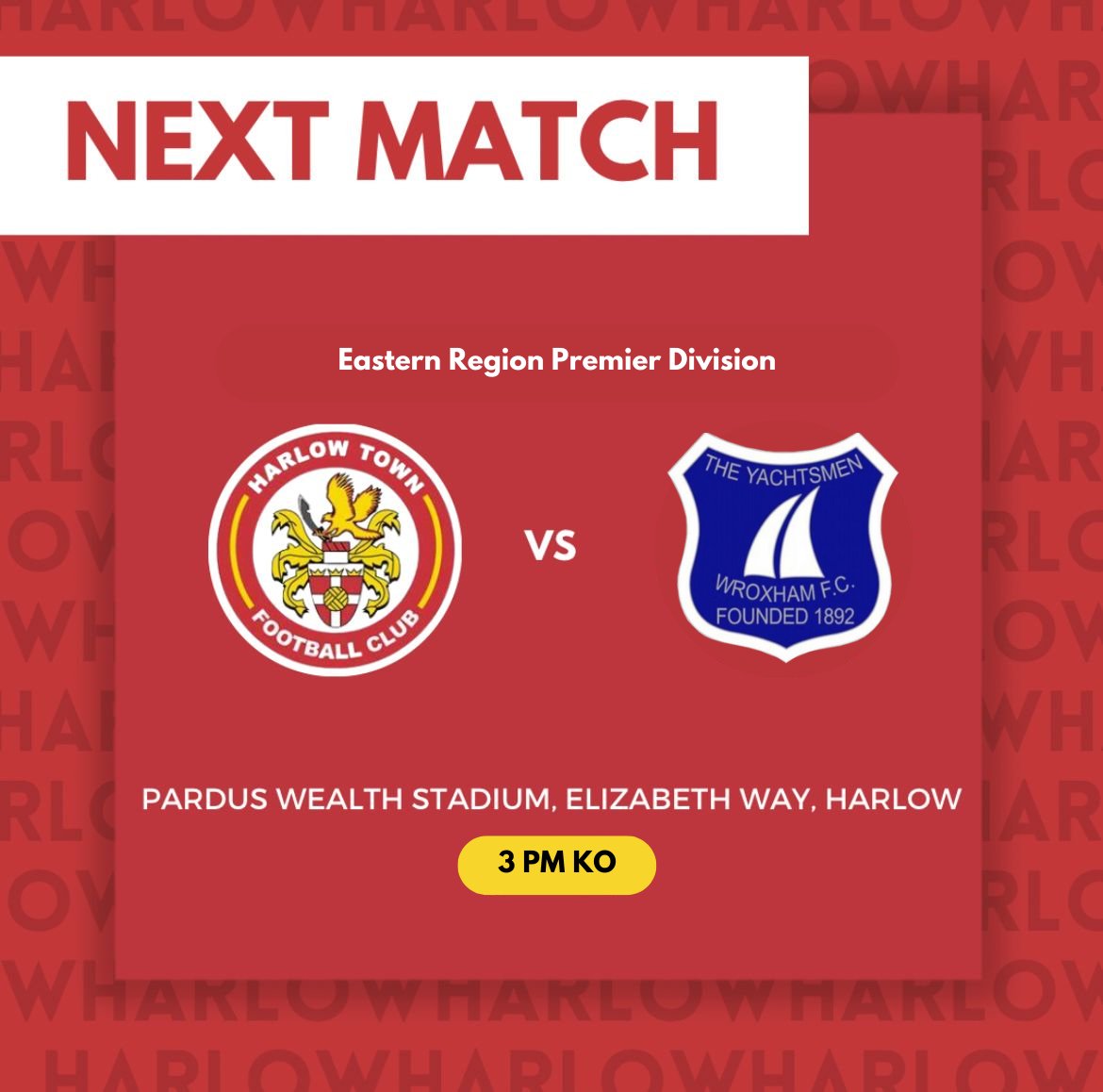 Up Next ➡️  

🆚  Wroxham (H)
📍 The Pardus Wealth Stadium (CM19 5BE)
🎫  Free Entry 
📅  Sunday 20th November 
🕑 3 PM KO

See you there 👊🏼

#Hawks
#WeAreHarlow