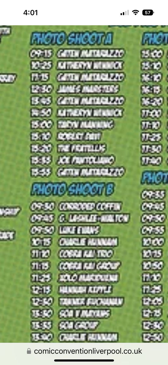 Trying to look at the photo schedule for <a href="/comconliverpool/">Comic Con Liverpool</a> so my anxious ass knows where to go and….anyone got any spare pixels? 😹😹