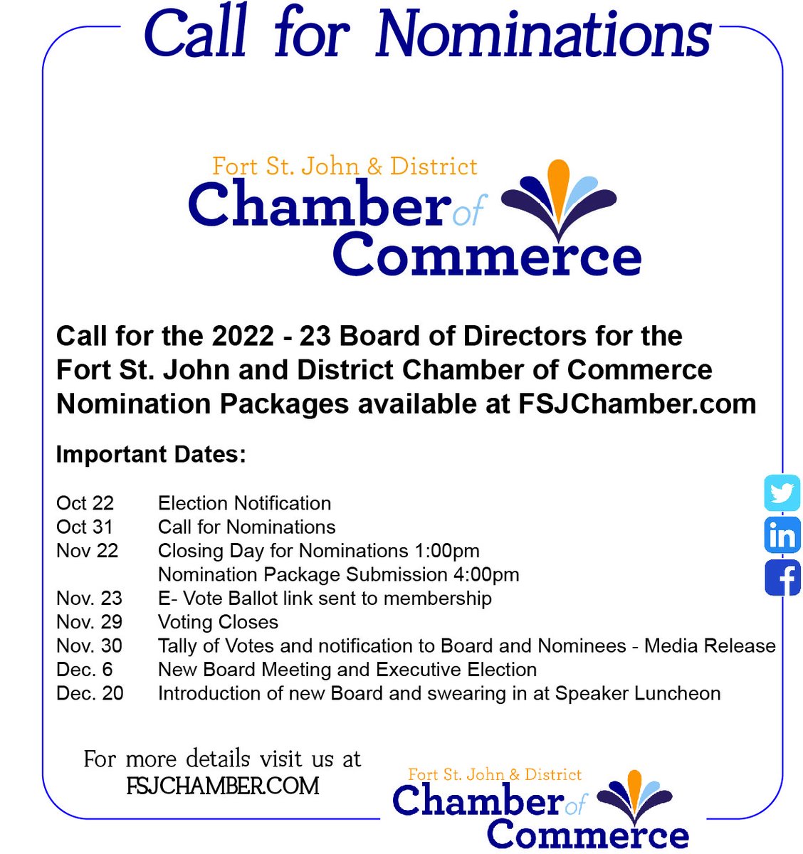 2022-23 Call for Nominations for the FSJ Chamber Board of Directors. Please find complete details at fsjchamber.com