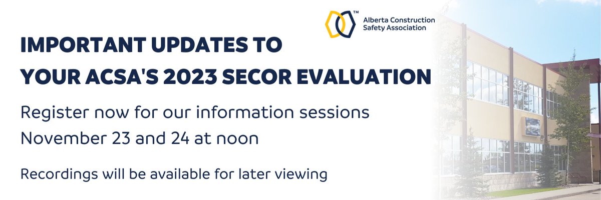 OfficialACSA's tweet photo. Join us virtually as we discuss upcoming changes to our #SECOR Evaluation that will address #Bill47 and #OHS standards. Changes will take effect on January 1, 2023.
All #infosessions will begin at noon and run for 45 minutes. Register now: https://t.co/UC0WX2lOhp https://t.co/Yl2UkEcFX9
